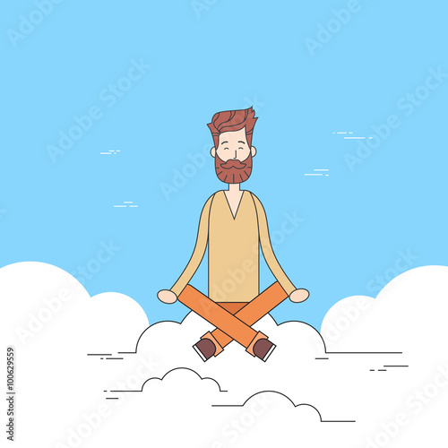 Man Beard Sitting On Cloud Mediation Yoga Lotus Pose Hipster
