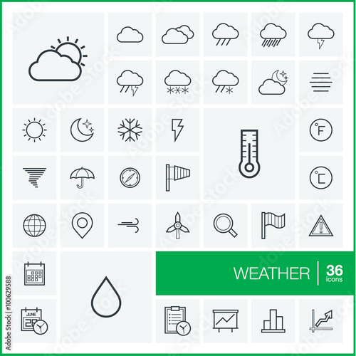 Vector thin line icons set and graphic design elements. Illustration with meteo outline symbols. Weather cast, cloud, rain, snow, moon, thermometer, umbrella linear pictogram