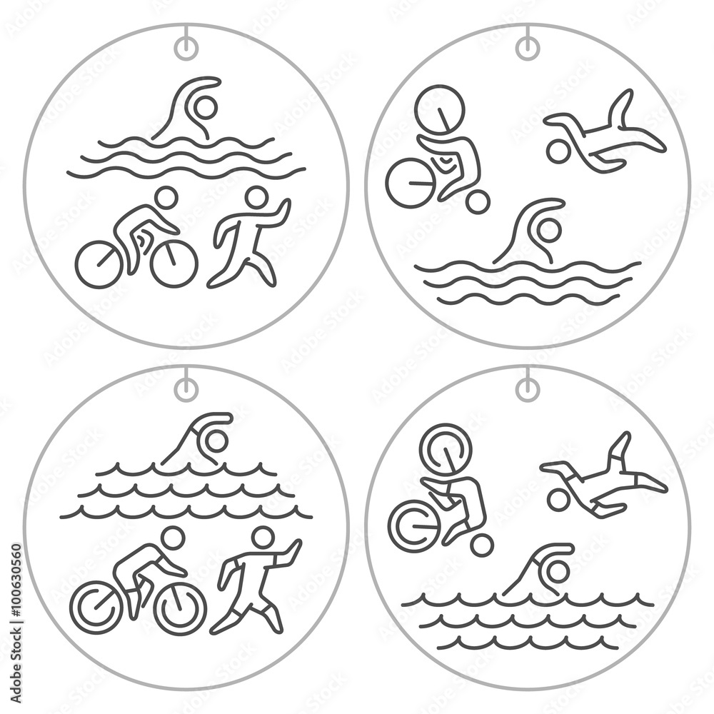 Logo and locket triathlon. Linear figure triathletes. Logo and locket triathlon. Linear figure triathletes.