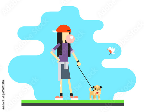 Geek Hipster Girl Lifestyle Dog Bird Sky Background Concept Flat Design Vector Illustration