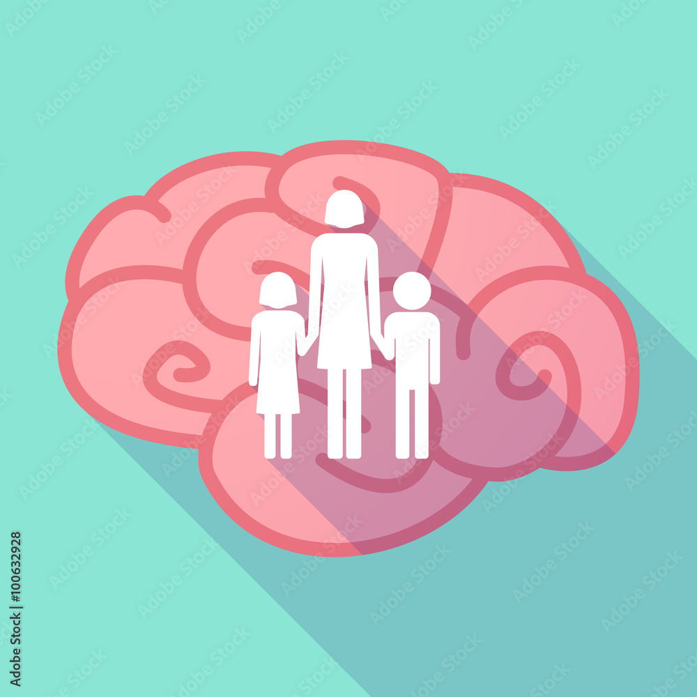 Long shadow brain with a female single parent family pictogram Long shadow brain with a female single parent family pictogram