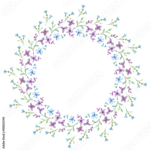 Floral watercolor Frame. Cute retro flowers arranged a shape of the wreath perfect for wedding invitations and birthday cards