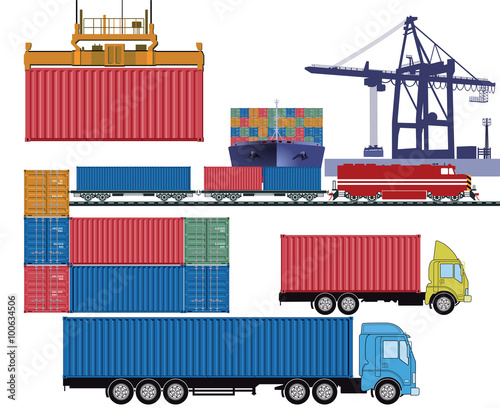 Container mit LKW und Containerschiff im Frachthafenterminal