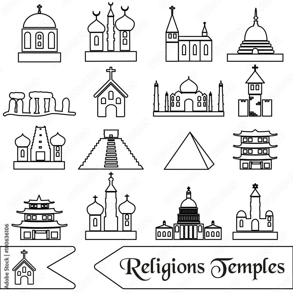 world religions types of temples outline icons  eps10