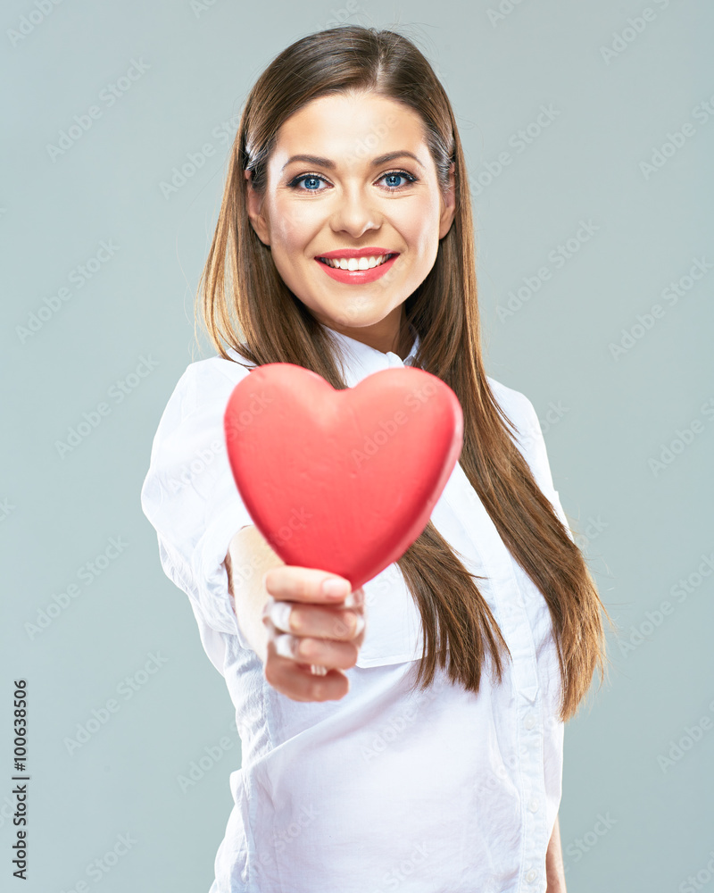Beautiful woman hold red heart. isolated portrait. Beautiful woman hold red heart. isolated portrait.