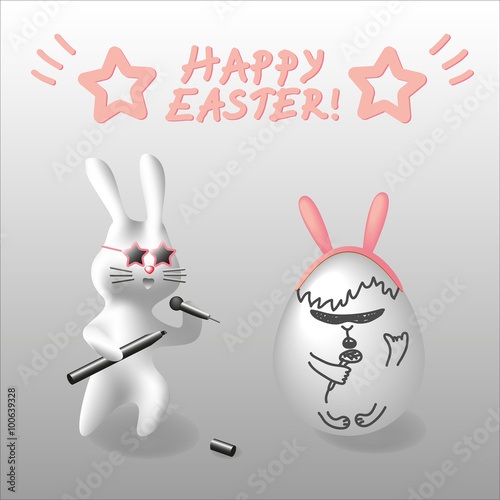 Vector EPS10 Easter illustration rabbit character near egg painted like other rabbit