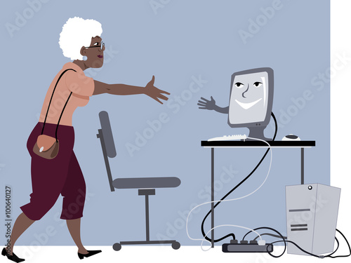 Computer lessons for seniors. Mature woman shaking hands with a friendly computer, EPS 8 vector illustration