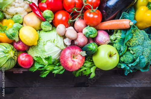 Fototapeta Naklejka Na Ścianę i Meble -  Vegetables and fruits in box, text space.