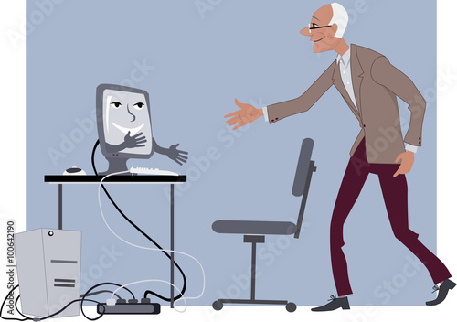 Computer lessons for seniors. Elderly man shaking hands with a friendly computer, EPS 8 vector illustration