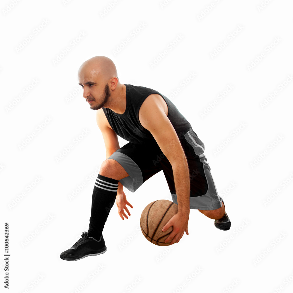 basketballer dribbles on white background