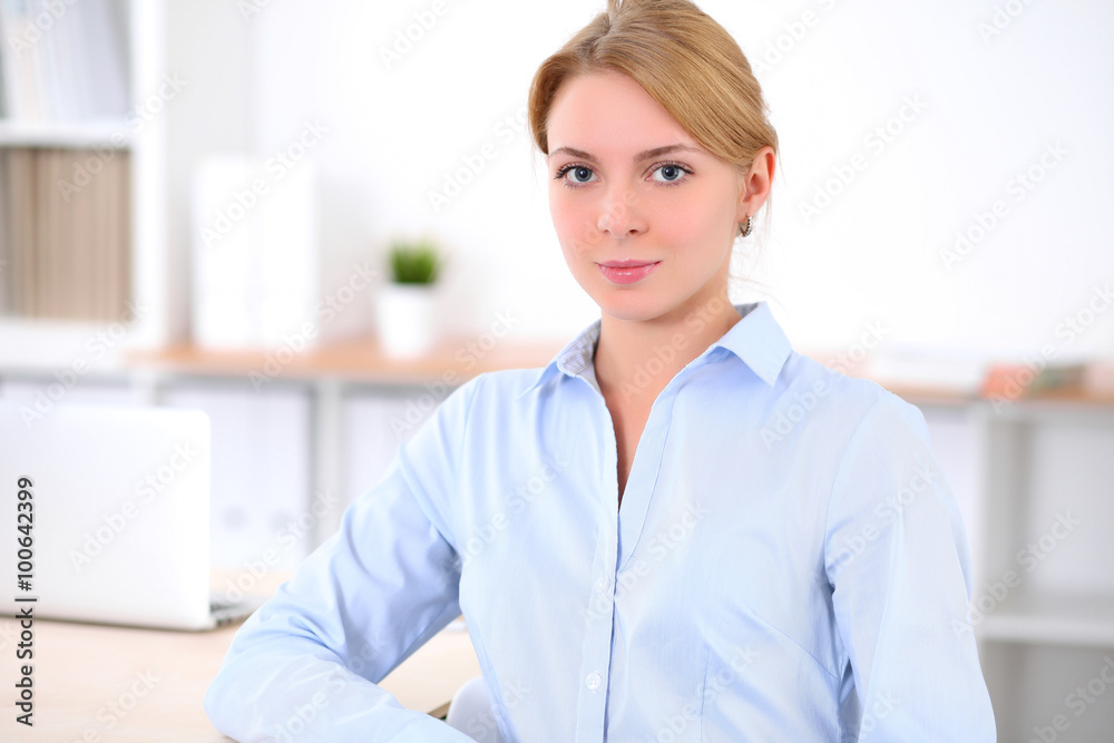 Young blonde business woman with laptop in the office. Business concept. Young blonde business woman with laptop in the office. Business concept.