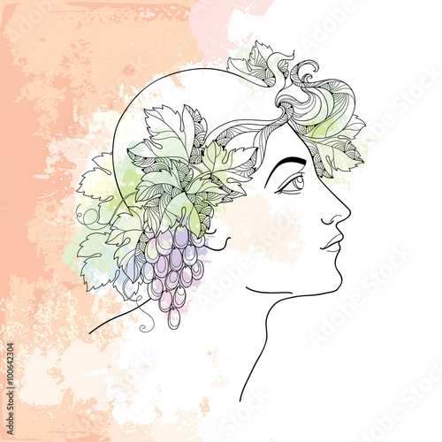 Mythological Dionysus or Bacchus in contour style on the beige background with blots in pastel colors. God of the winemaking and wine in Greek mythology. Series of mythological creatures