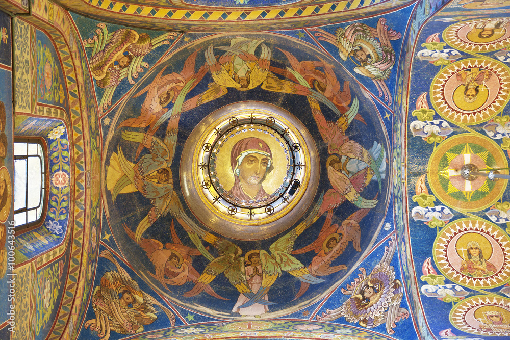 Interior of the Church of the Savior on Spilled Blood in St. Petersburg, Russia. The face of the mother of God