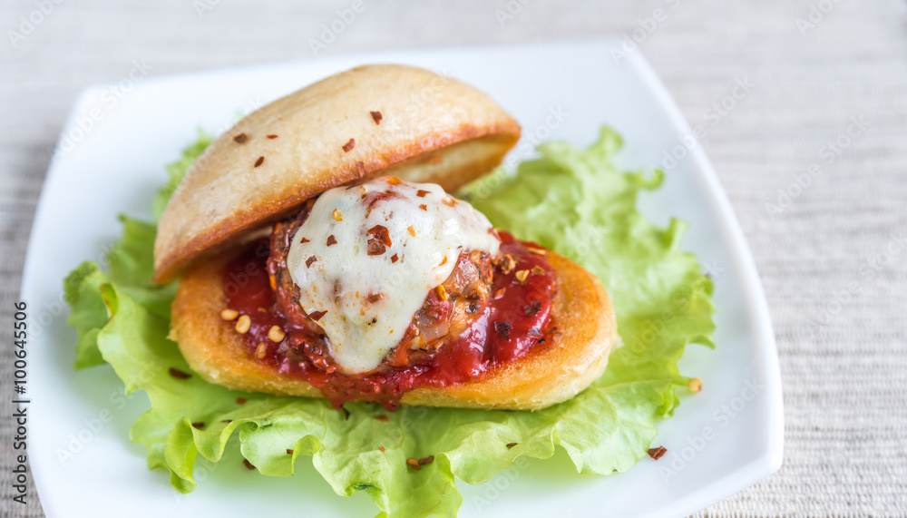 Sandwich with meatball in tomato sauce and mozzarella Sandwich with meatball in tomato sauce and mozzarella