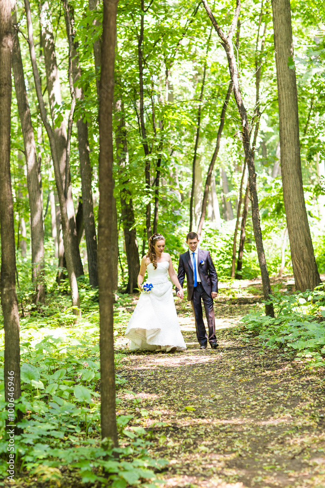 Fototapeta premium Newly married couple walk on park paths holding hands 