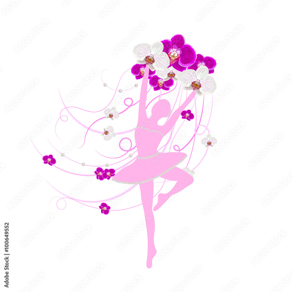 Tender ballerina holding an arrangement of orchid flowers with ribbons.