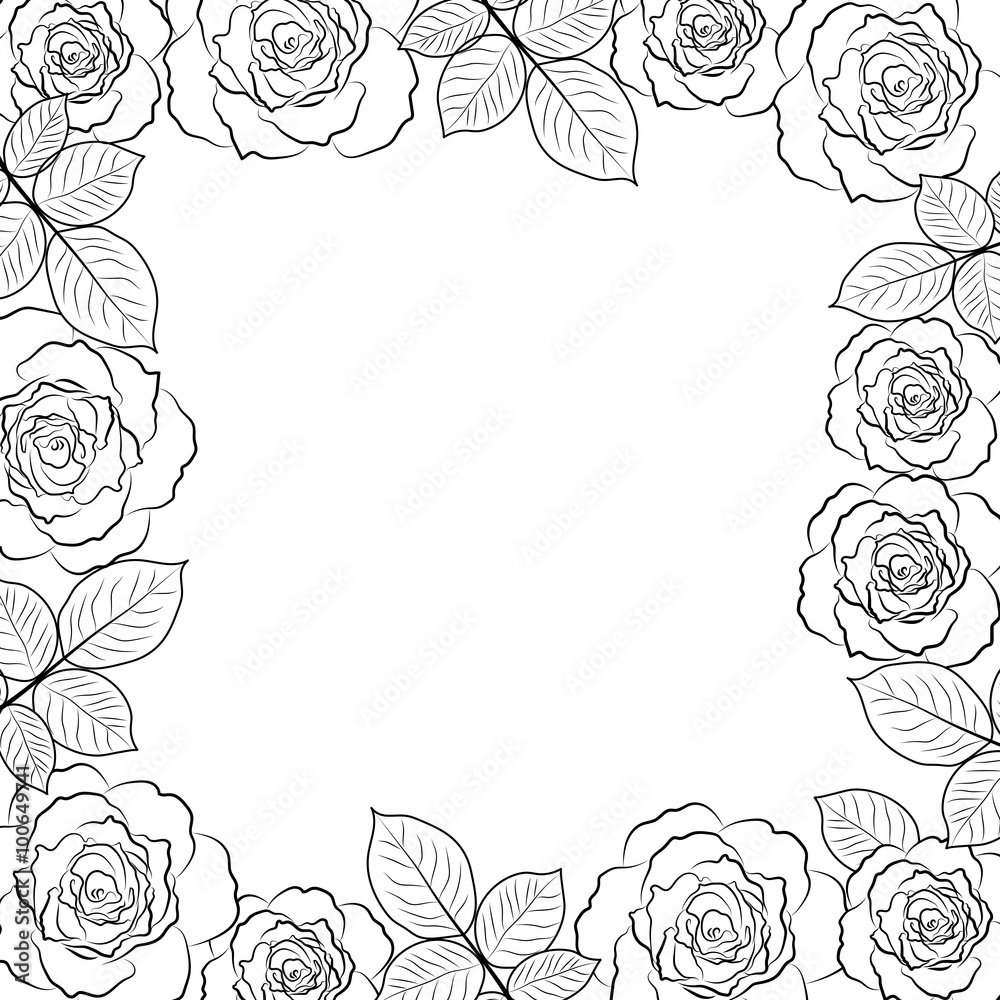 Simple floral frame in black isolated on white background.