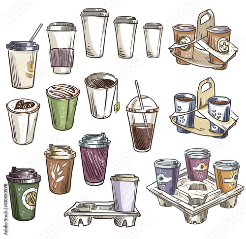 selection of coffee takeaway cups and carrier trays. Packaging.