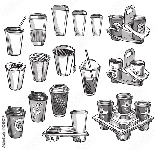 selection of coffee takeaway cups and carrier trays. Packaging.