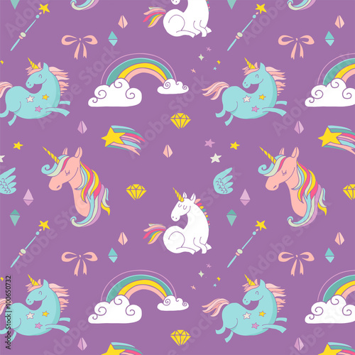 Magic hand drawn pattern - unicorn  rainbow and fairy wings