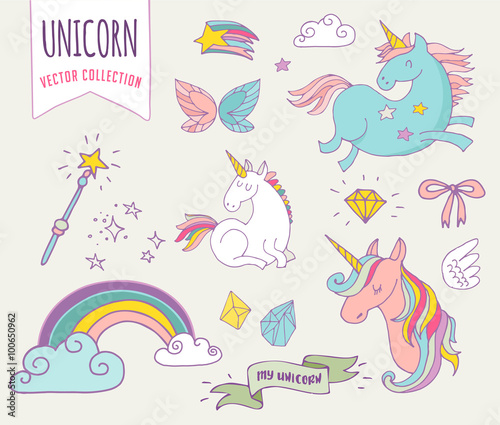 cute magic collection with unicon, rainbow, fairy wings