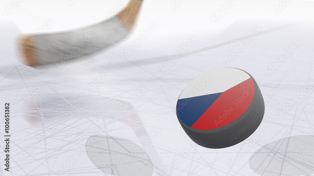 Naklejka premium Hockey sticks and hockey puck with the image of the Czech flag with ice in background.
