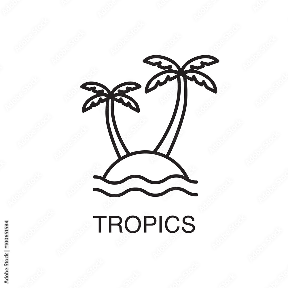 Line art tropical island with palm trees and ocean waves.Summer vacation concept.