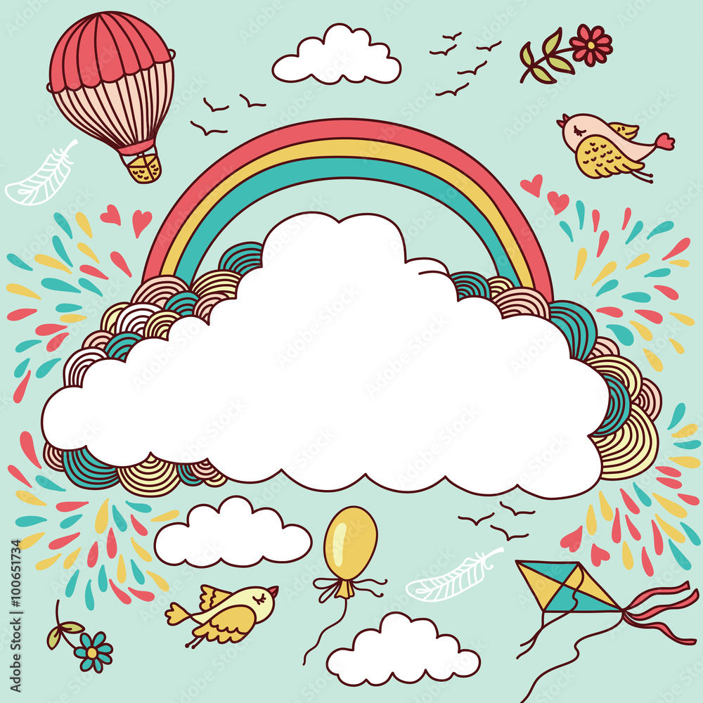 Cute banner with hot air balloons, birds, clouds and rainbow. Vector illustration with place for your text