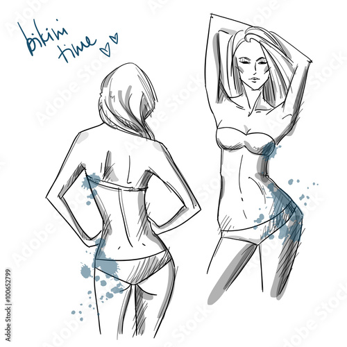 Drawing of beautiful girls wearing bikini, fashion illustration