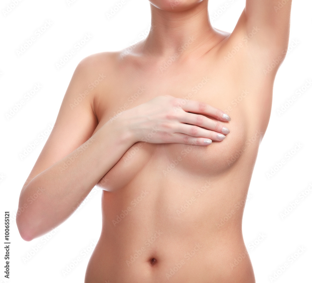 Female controlling breast for cancer, isolated on white Female controlling breast for cancer, isolated on white