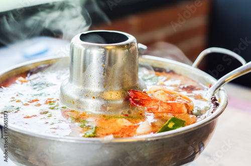 thai seafood tom yum gung in hot pot 