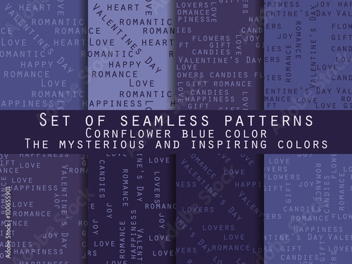 Set of seamless patterns. Words related to Valentine's Day. Vector. Cornflower blue, navy blue, mysterious and inspiring.