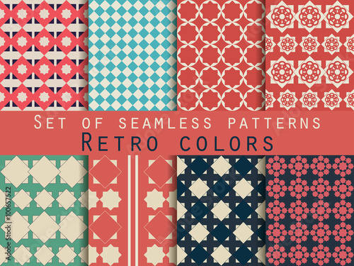 Set of seamless patterns. Rhombus and squares. Retro colors.