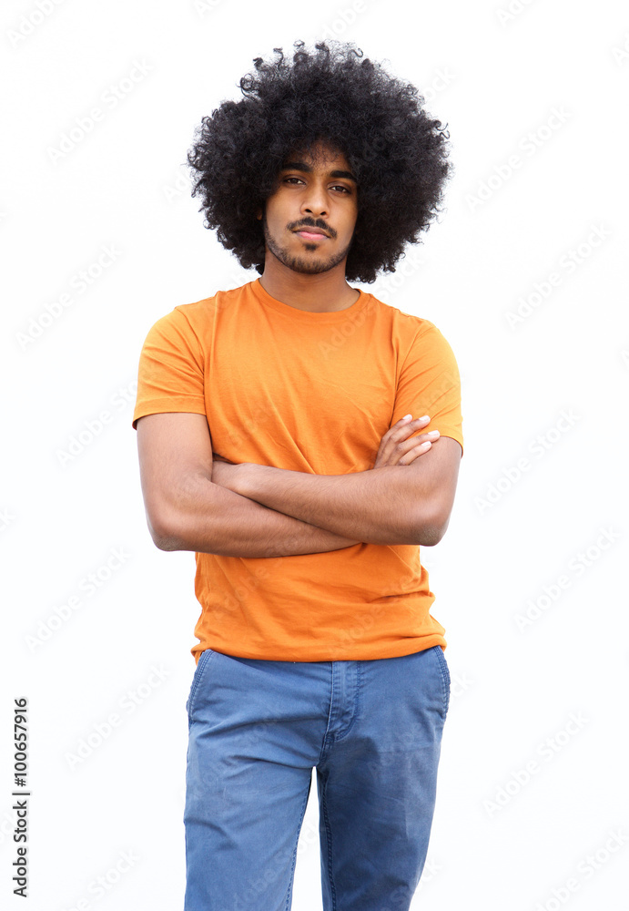 Portrait of a cool black guy with afro standing isolated white background Portrait of a cool black guy with afro standing isolated white background