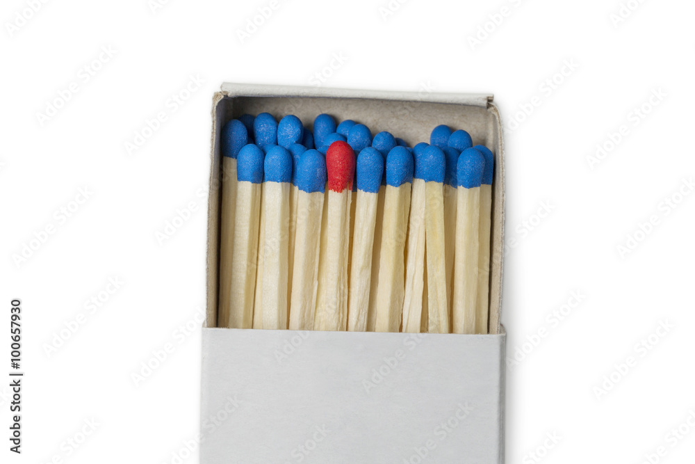 Matchbox with blue and one red matches Matchbox with blue and one red matches