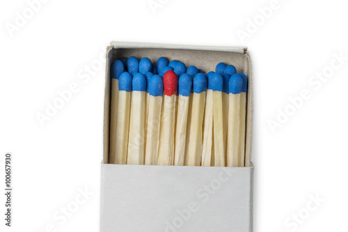 Matchbox with blue and one red matches