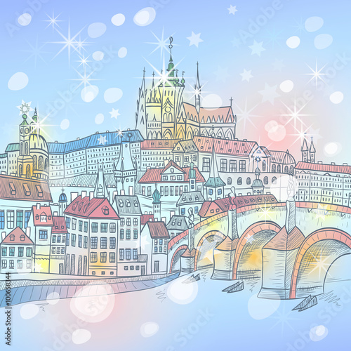 Vector Picturesque winter view of Christmas Prague landscape with Prague Castle and Charles Bridge