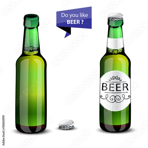 Realistic green and brown beer bottles set isolated vector illustration