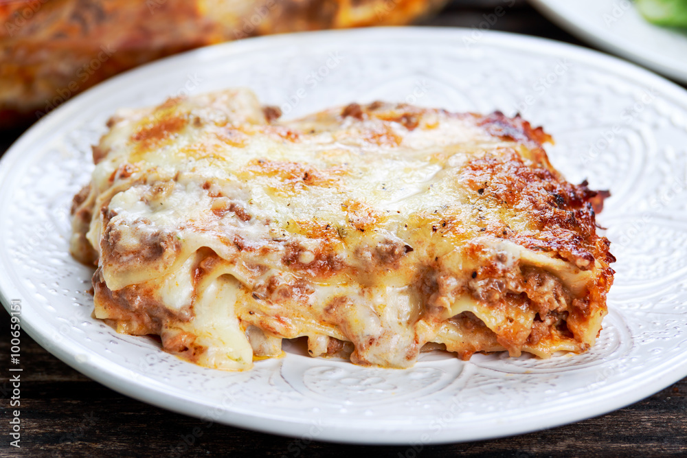 Baked italian home made lasagna on a plate Baked italian home made lasagna on a plate
