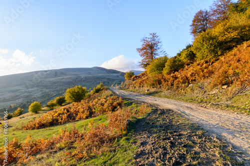 Mountain path in autumn landscape. Panoramic view over mountain