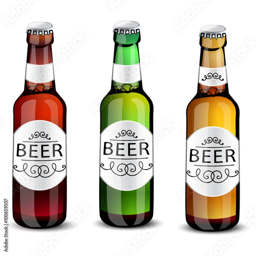 Realistic green and brown beer bottles set isolated vector illustration
