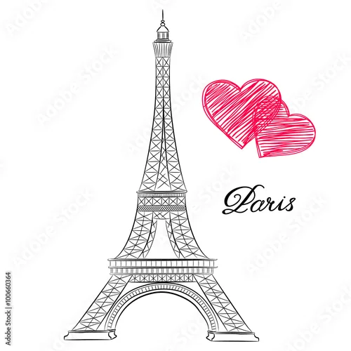 Obraz szkic Paryża, Wieża Eiffla z serca. Ilustracji wektorowych