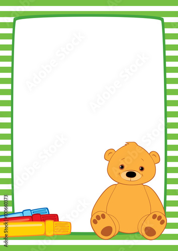 Vector frame with green and white stripes. Brown teddy bear and three color markers. Place for text on a white background. Vertical format A3/A4, simple composition.