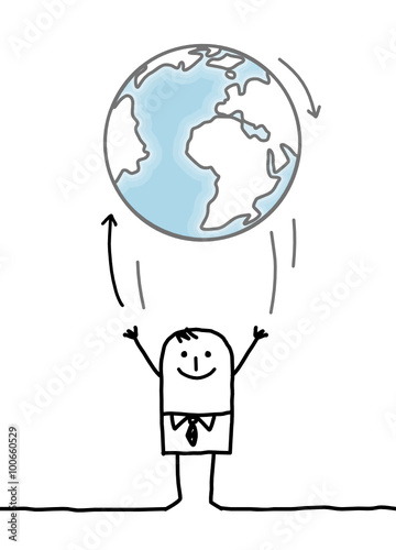 cartoon businessman throwing up the Earth 