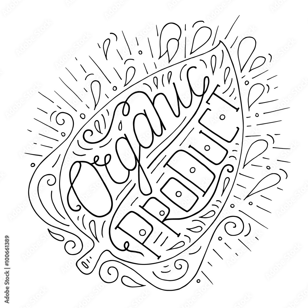 Black and white doodle typography poster with leaf and drops. Cartoon cute card on natural theme with lettering text - Organic Product. Hand drawn vector illustration isolated on white background. Black and white doodle typography poster with leaf and drops. Cartoon cute card on natural theme with lettering text - Organic Product. Hand drawn vector illustration isolated on white background.