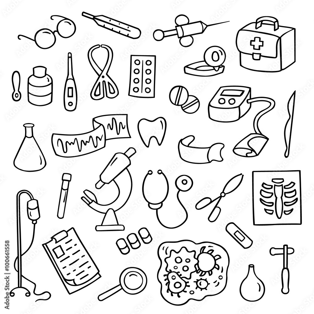 Vecteur Stock Cute cartoon set of laboratory equipments. Medical collection  of hospital tools. Hand-drawn black vector illustration isolated on white.  All objects organized in groups for easy editing. | Adobe Stock