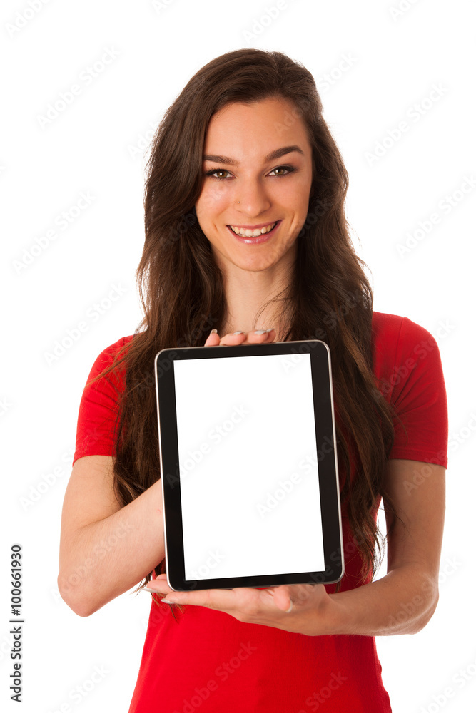Beautiful young business woman showing tablet with screen for co Beautiful young business woman showing tablet with screen for co