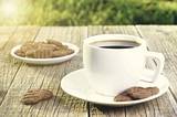 Cup of coffee on a wooden table with cookies. Natural background with sun lights and grass. Agriculture. Sweet and sugar.