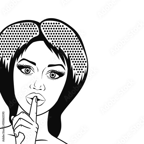 Pop art retro woman putting her forefinger on lips for quiet silence, outlined isolated on white. Cute girl showing Shh sign, comics style vector illustration.