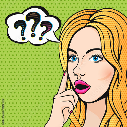 Vector pop art stupid woman face with question marks. Blonde thinking woman with open mouth comics style illustration.